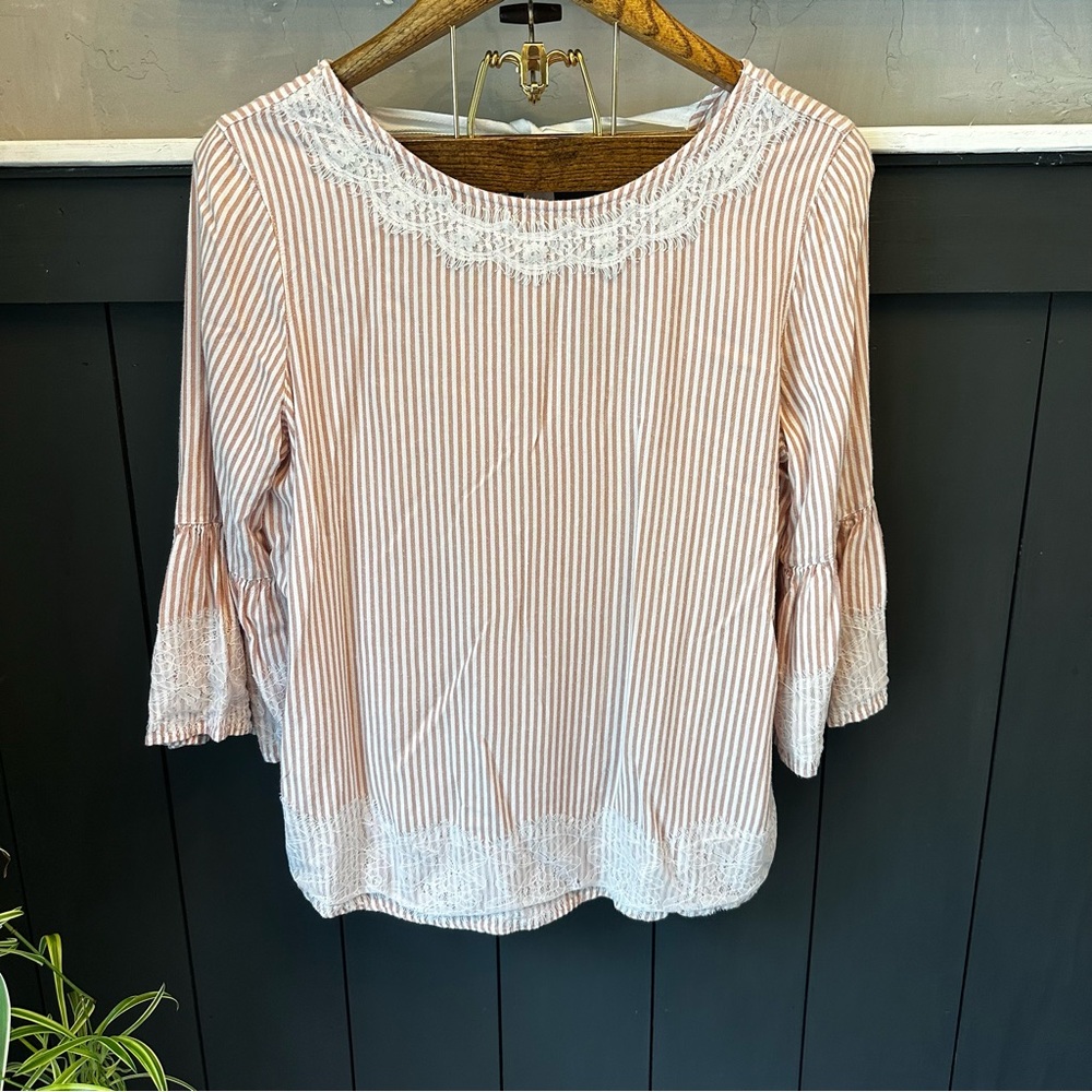Ny&Co Soho Jeans‎ Blouse White Mauve Stripe Lace Tie Boho style Size M